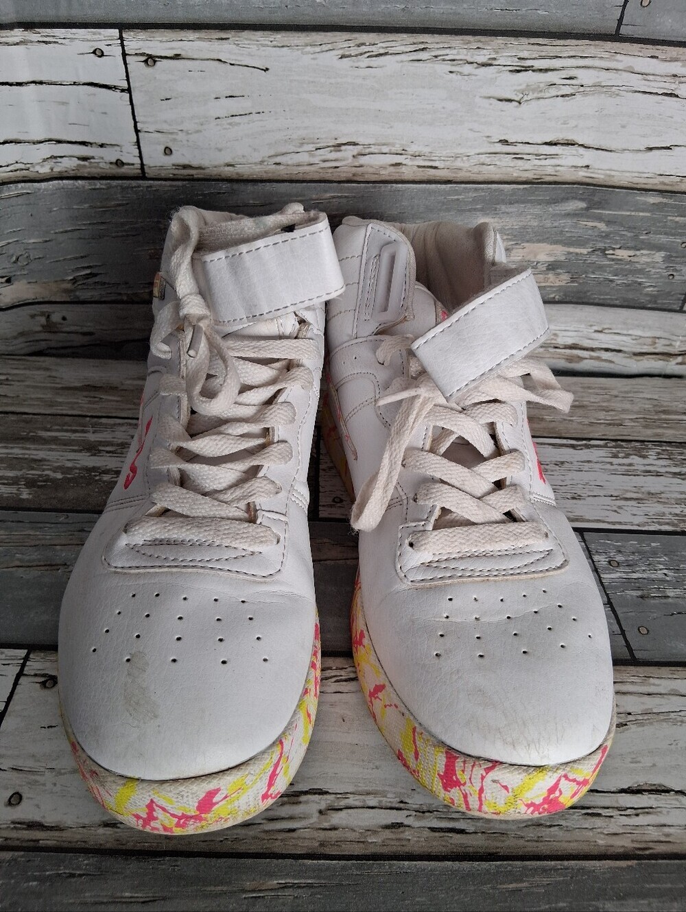 White High-Top Sneakers with Pink & Yellow Splatter Sole